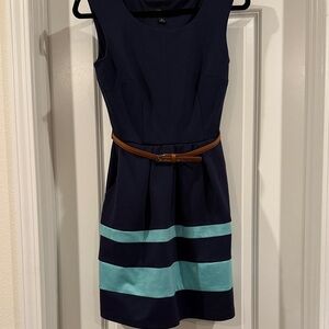 iZ Byer Navy Dress with Teal Stripes and Brown Belt